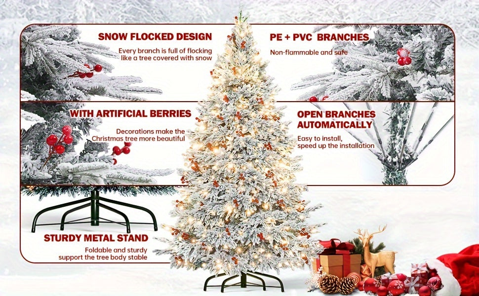 900 Warm-White LED Lights 9FT Pre-lit Artificial Snow Flocked Christmas Tree, 1500 PE & PVC Mixed Branch Tips, 100 Red Berries, 8 Color Modes, Foldable Metal Stand Easy Assembly