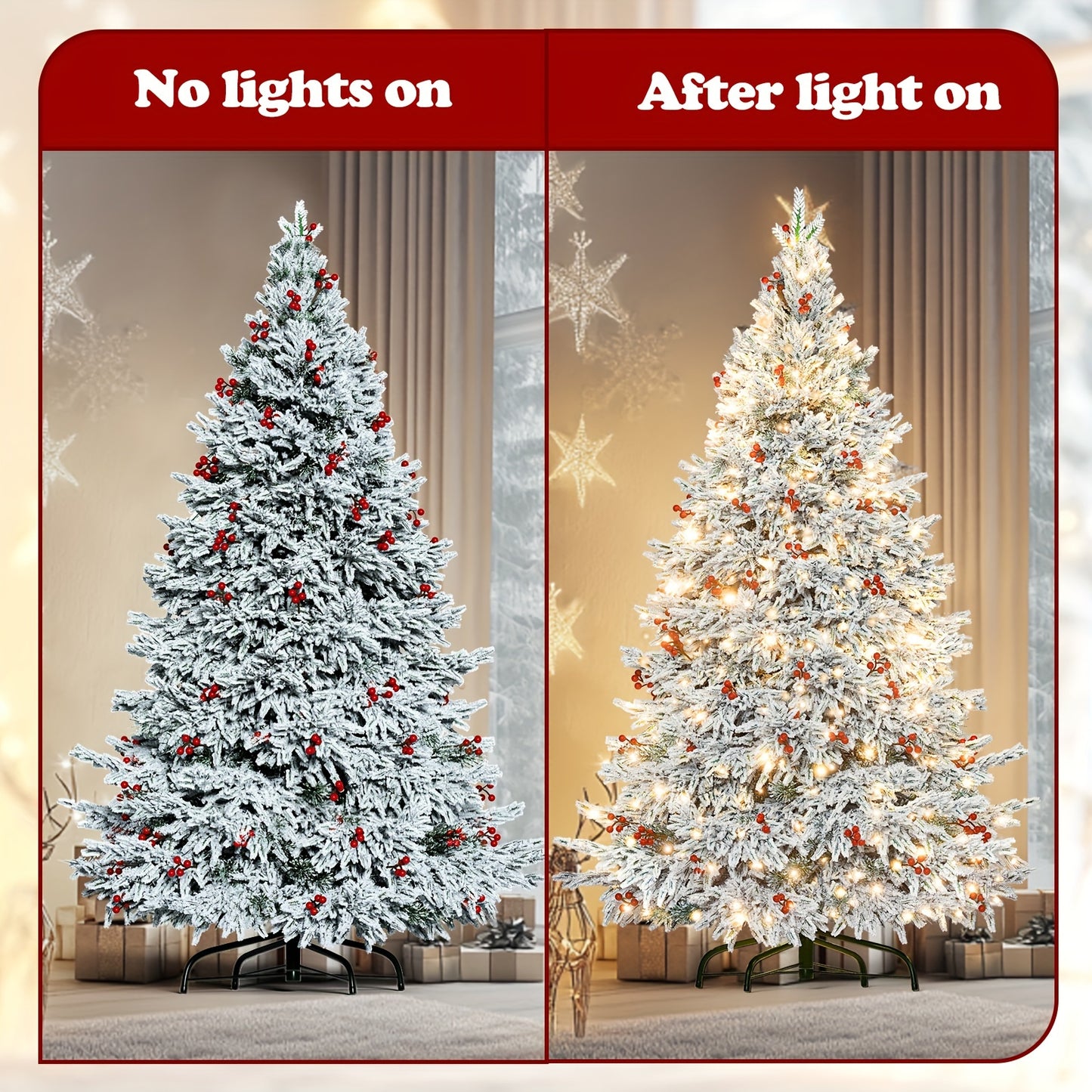 900 Warm-White LED Lights 9FT Pre-lit Artificial Snow Flocked Christmas Tree, 1500 PE & PVC Mixed Branch Tips, 100 Red Berries, 8 Color Modes, Foldable Metal Stand Easy Assembly