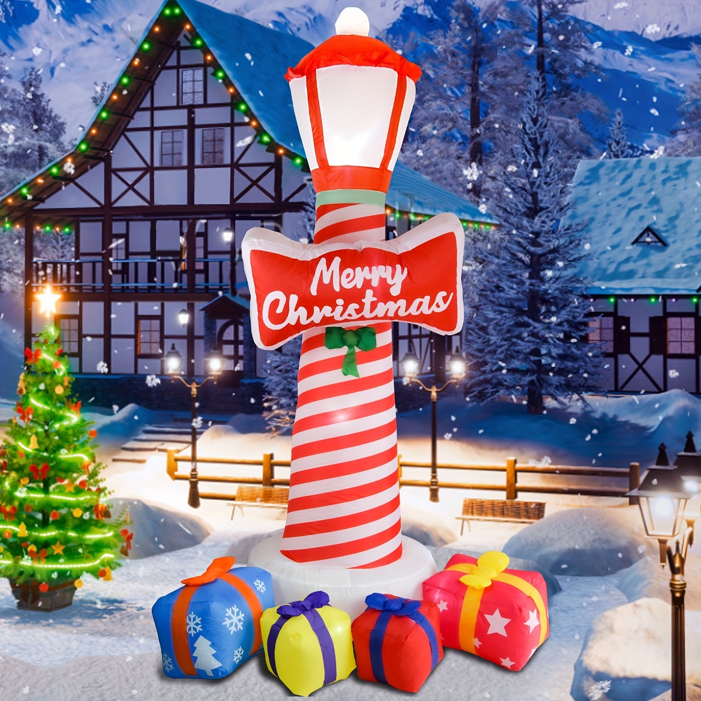 8.1FT LED Christmas Inflatable Lighthouse with Gift Boxs, Blow Up Yard Decorations for Holiday Party Outdoor Garden Yard Lawn Decor