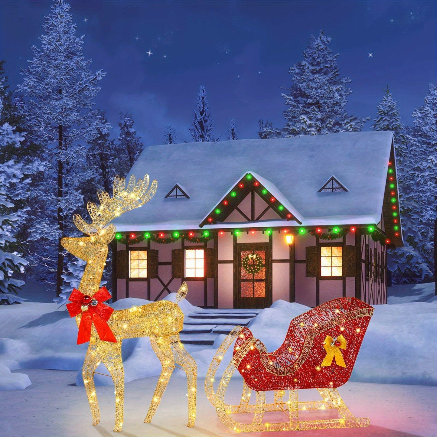 Golden Elk & Sleigh LED Light Set - 4ft Outdoor Holiday season Yard Decor with USB Power, Easy Install Stakes Included