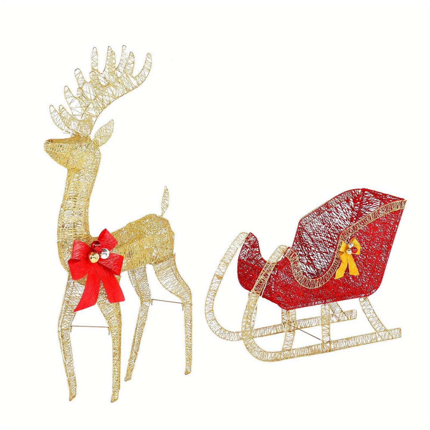 Golden Elk & Sleigh LED Light Set - 4ft Outdoor Holiday season Yard Decor with USB Power, Easy Install Stakes Included