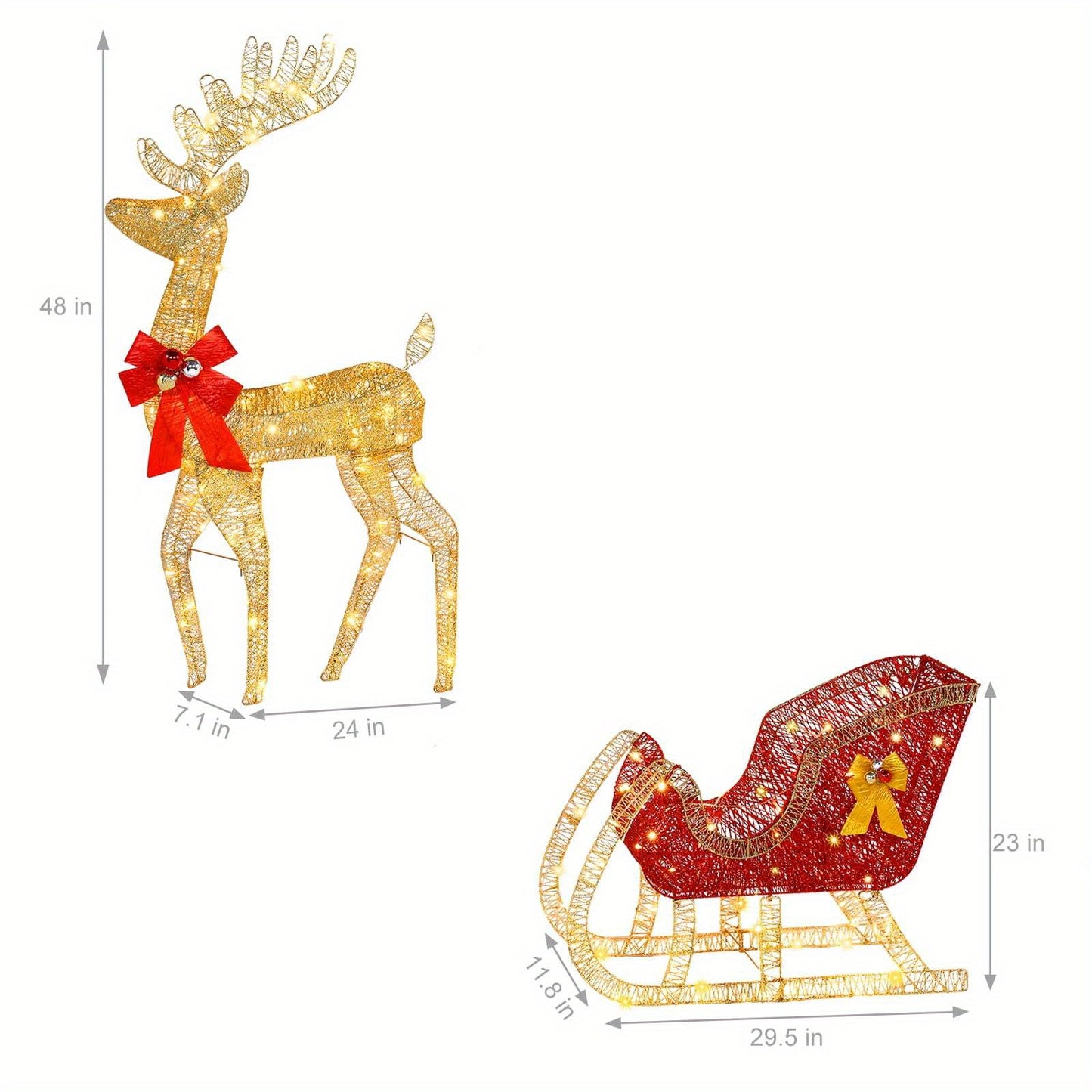 Golden Elk & Sleigh LED Light Set - 4ft Outdoor Holiday season Yard Decor with USB Power, Easy Install Stakes Included