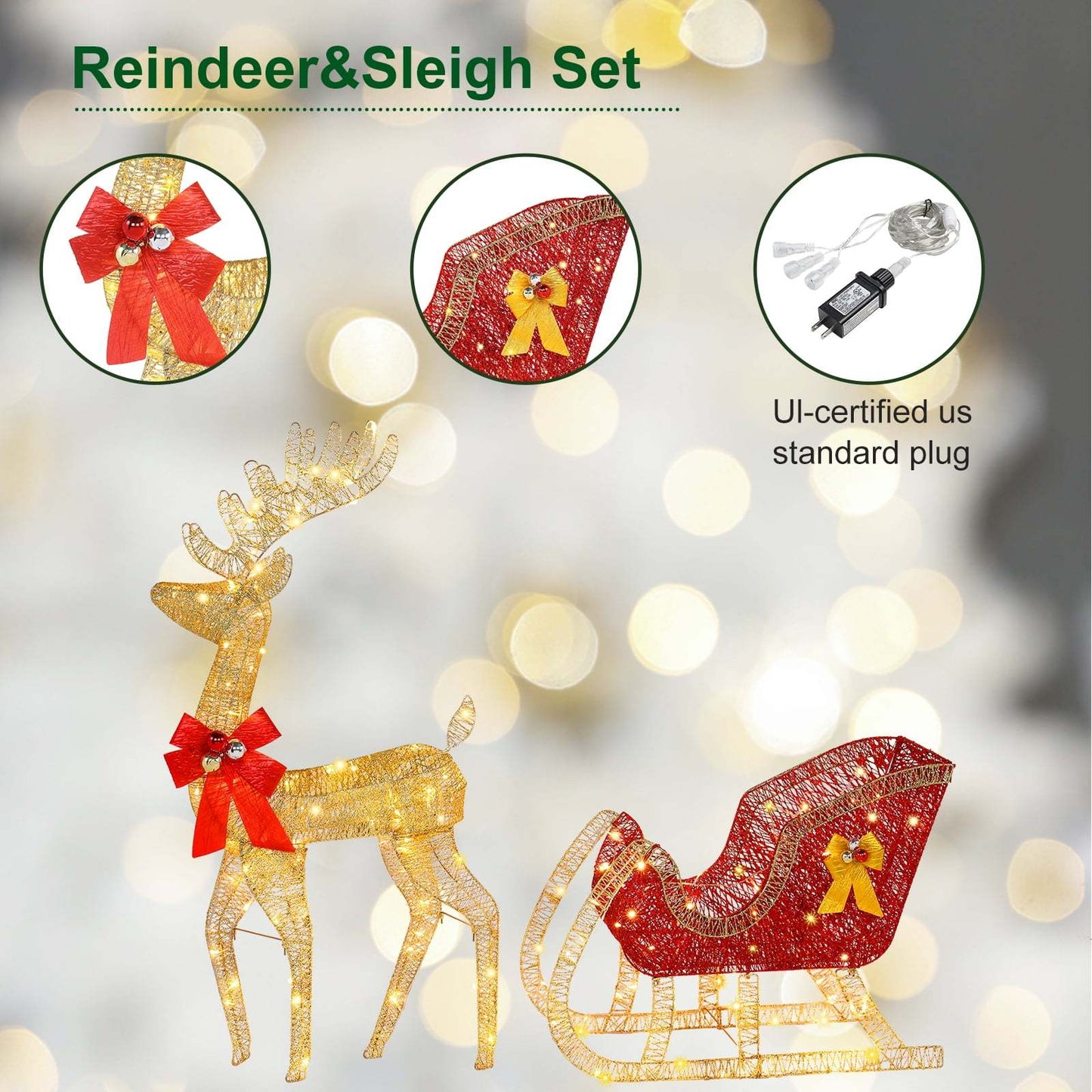 Golden Elk & Sleigh LED Light Set - 4ft Outdoor Holiday season Yard Decor with USB Power, Easy Install Stakes Included