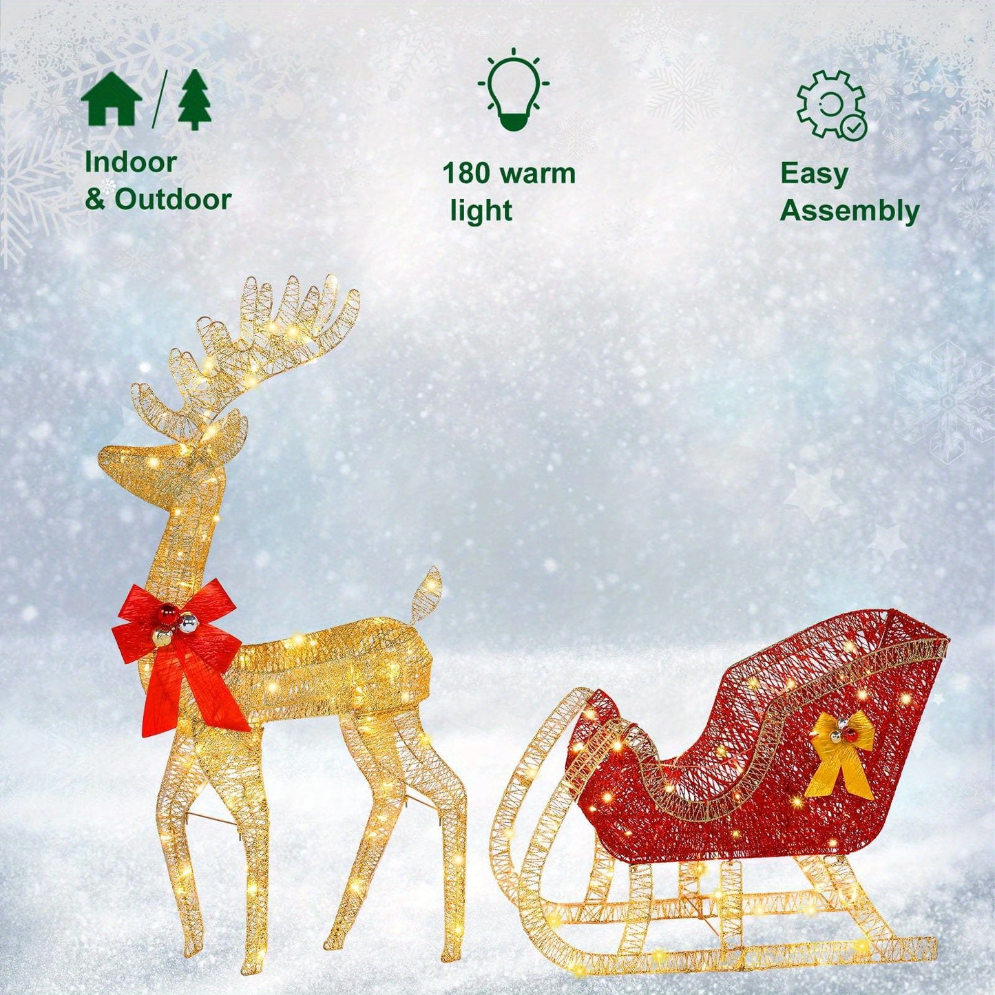 Golden Elk & Sleigh LED Light Set - 4ft Outdoor Holiday season Yard Decor with USB Power, Easy Install Stakes Included