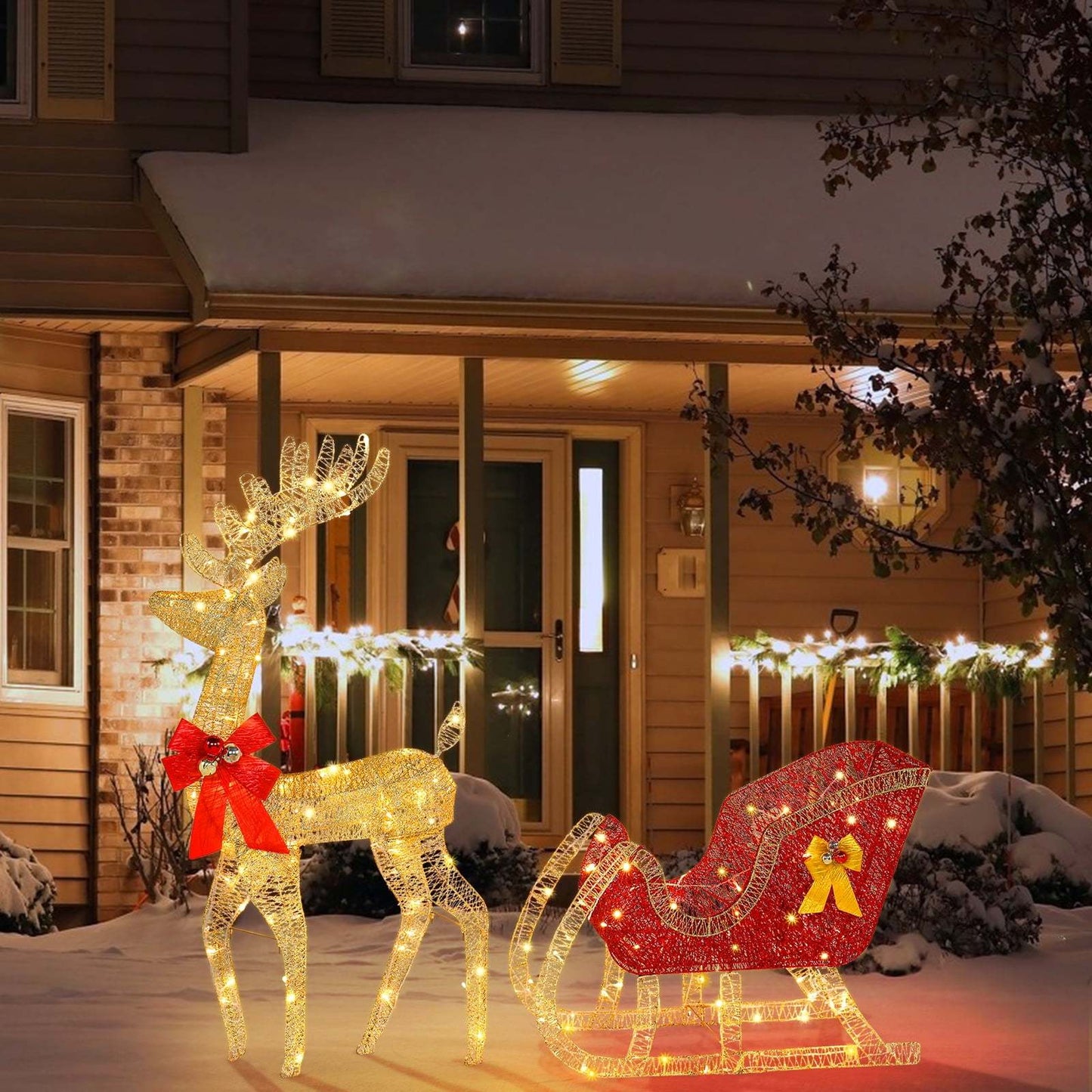 Golden Elk & Sleigh LED Light Set - 4ft Outdoor Holiday season Yard Decor with USB Power, Easy Install Stakes Included