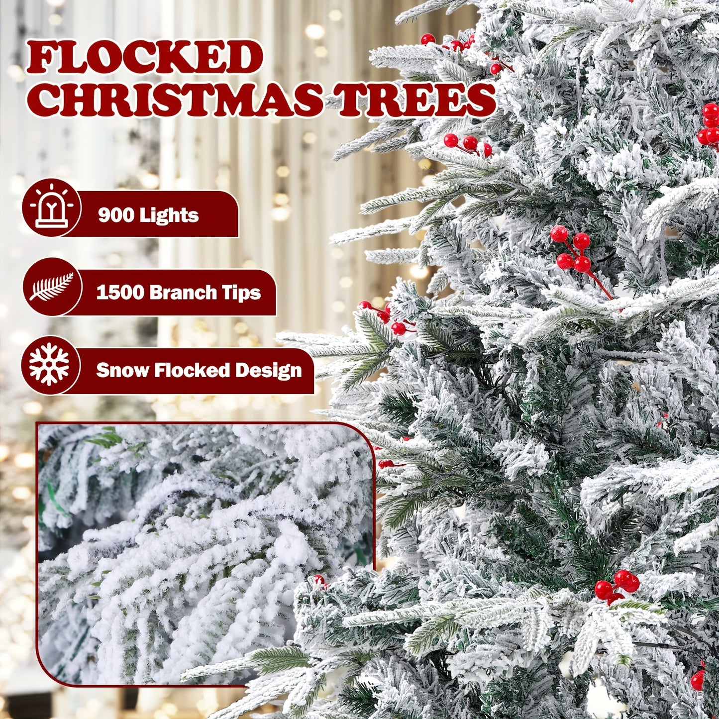 900 Warm-White LED Lights 9FT Pre-lit Artificial Snow Flocked Christmas Tree, 1500 PE & PVC Mixed Branch Tips, 100 Red Berries, 8 Color Modes, Foldable Metal Stand Easy Assembly