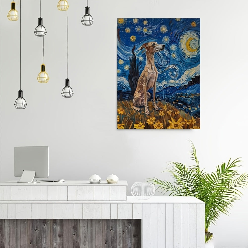 Room Decor 1pc Whippet Dog Canvas Art Print, Starry Night Inspired, 11.8x15.7 inch Framed Wall Decor, Whippet Poster Painting, Unique Dog Gifts, Home & Office Decor, AMHK449