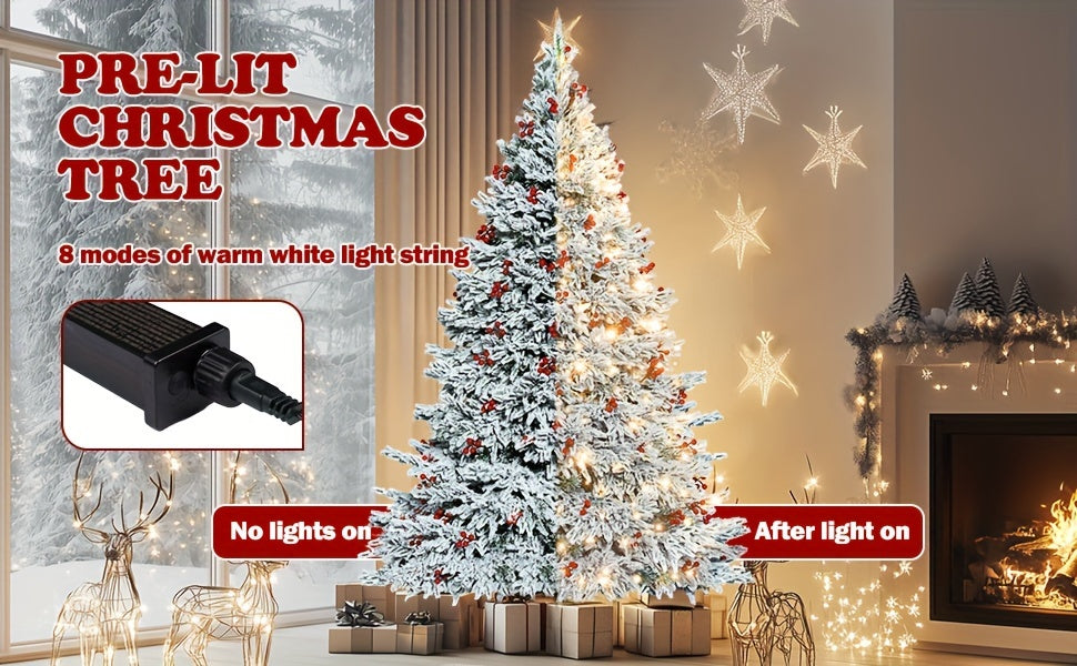 900 Warm-White LED Lights 9FT Pre-lit Artificial Snow Flocked Christmas Tree, 1500 PE & PVC Mixed Branch Tips, 100 Red Berries, 8 Color Modes, Foldable Metal Stand Easy Assembly