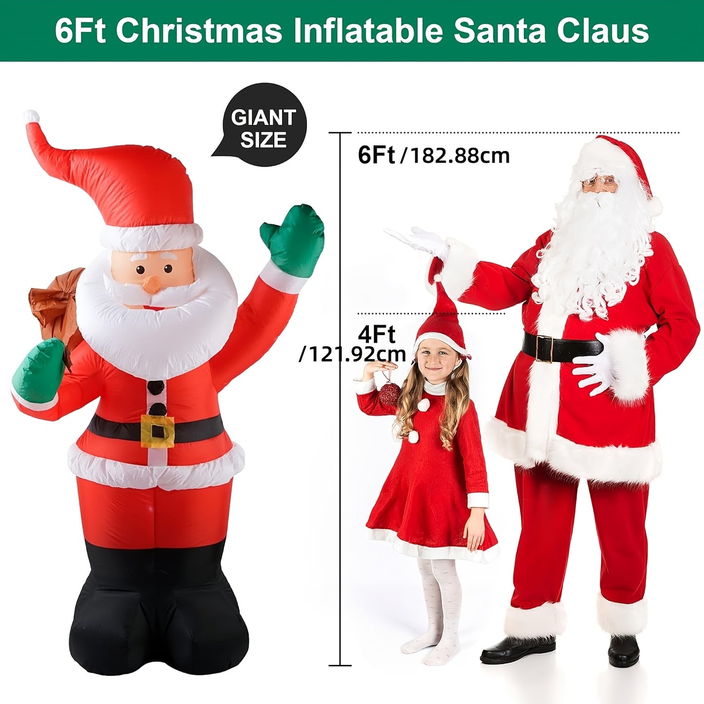 6ft LED Santa Claus Inflatable with Vibrant Lights - Easy Setup, Durable Outdoor Christmas Decoration for Home & Garden, LED Santa, Inflatable, Christmas Decoration, Outdoor, Vibrant Lighting