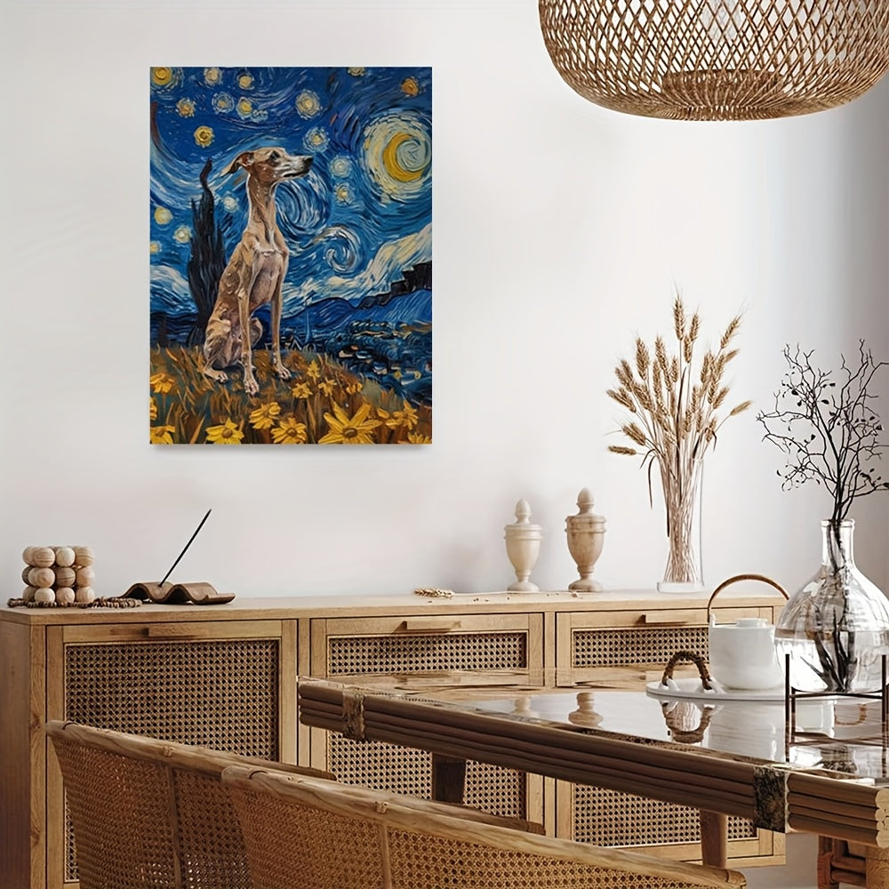 Room Decor 1pc Whippet Dog Canvas Art Print, Starry Night Inspired, 11.8x15.7 inch Framed Wall Decor, Whippet Poster Painting, Unique Dog Gifts, Home & Office Decor, AMHK449