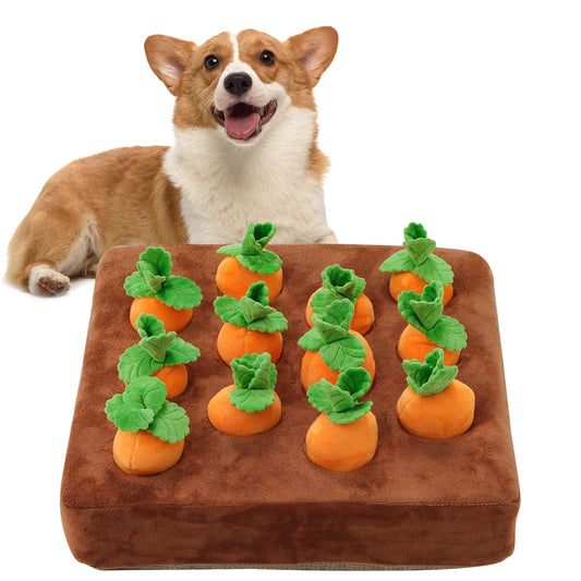 Interactive Dog Toys，Carrot Snuffle Mat for Dogs Plush Puzzle Toys 2 in 1 Non-Slip Nosework Feed Games Pet Stress Relief with 12 Carrots