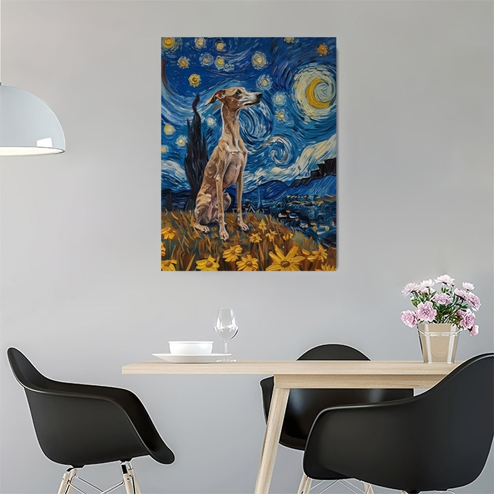 Room Decor 1pc Whippet Dog Canvas Art Print, Starry Night Inspired, 11.8x15.7 inch Framed Wall Decor, Whippet Poster Painting, Unique Dog Gifts, Home & Office Decor, AMHK449