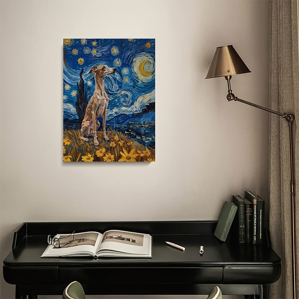 Room Decor 1pc Whippet Dog Canvas Art Print, Starry Night Inspired, 11.8x15.7 inch Framed Wall Decor, Whippet Poster Painting, Unique Dog Gifts, Home & Office Decor, AMHK449