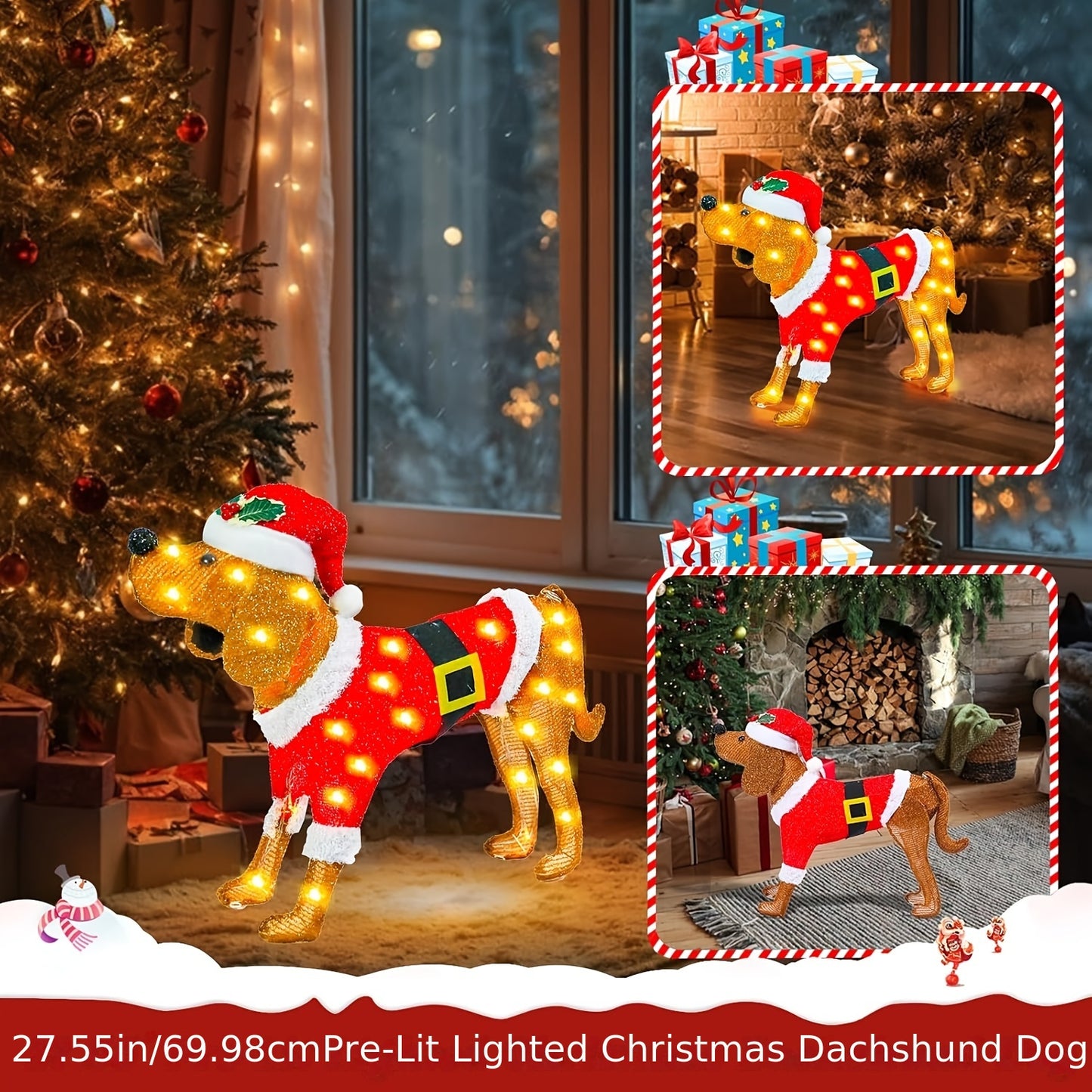 LED-Lit Dachshund Christmas Decoration - Collapsible, Battery-Powered Holiday Yard & Indoor Decor