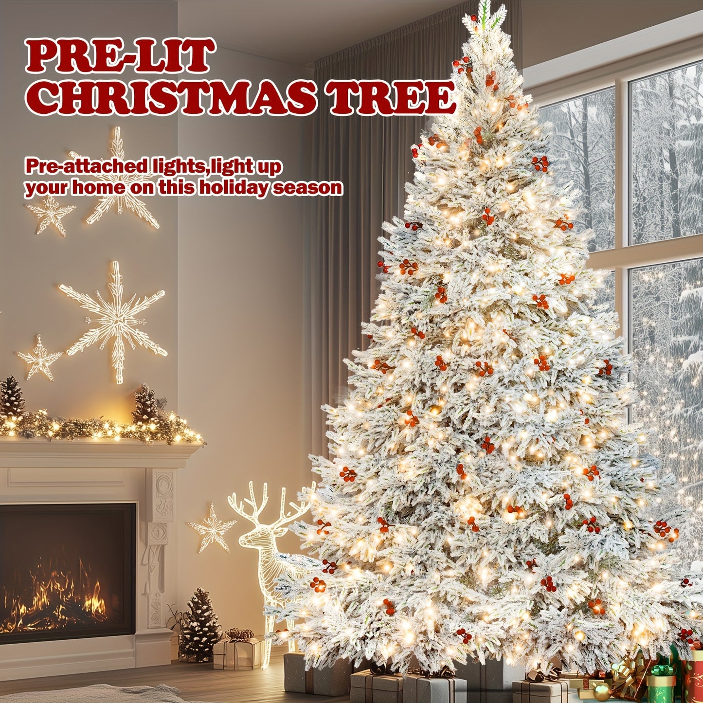 900 Warm-White LED Lights 9FT Pre-lit Artificial Snow Flocked Christmas Tree, 1500 PE & PVC Mixed Branch Tips, 100 Red Berries, 8 Color Modes, Foldable Metal Stand Easy Assembly