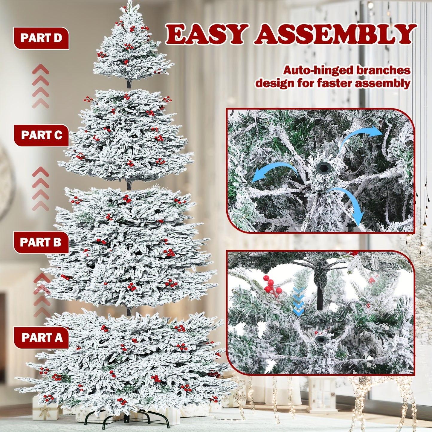 900 Warm-White LED Lights 9FT Pre-lit Artificial Snow Flocked Christmas Tree, 1500 PE & PVC Mixed Branch Tips, 100 Red Berries, 8 Color Modes, Foldable Metal Stand Easy Assembly