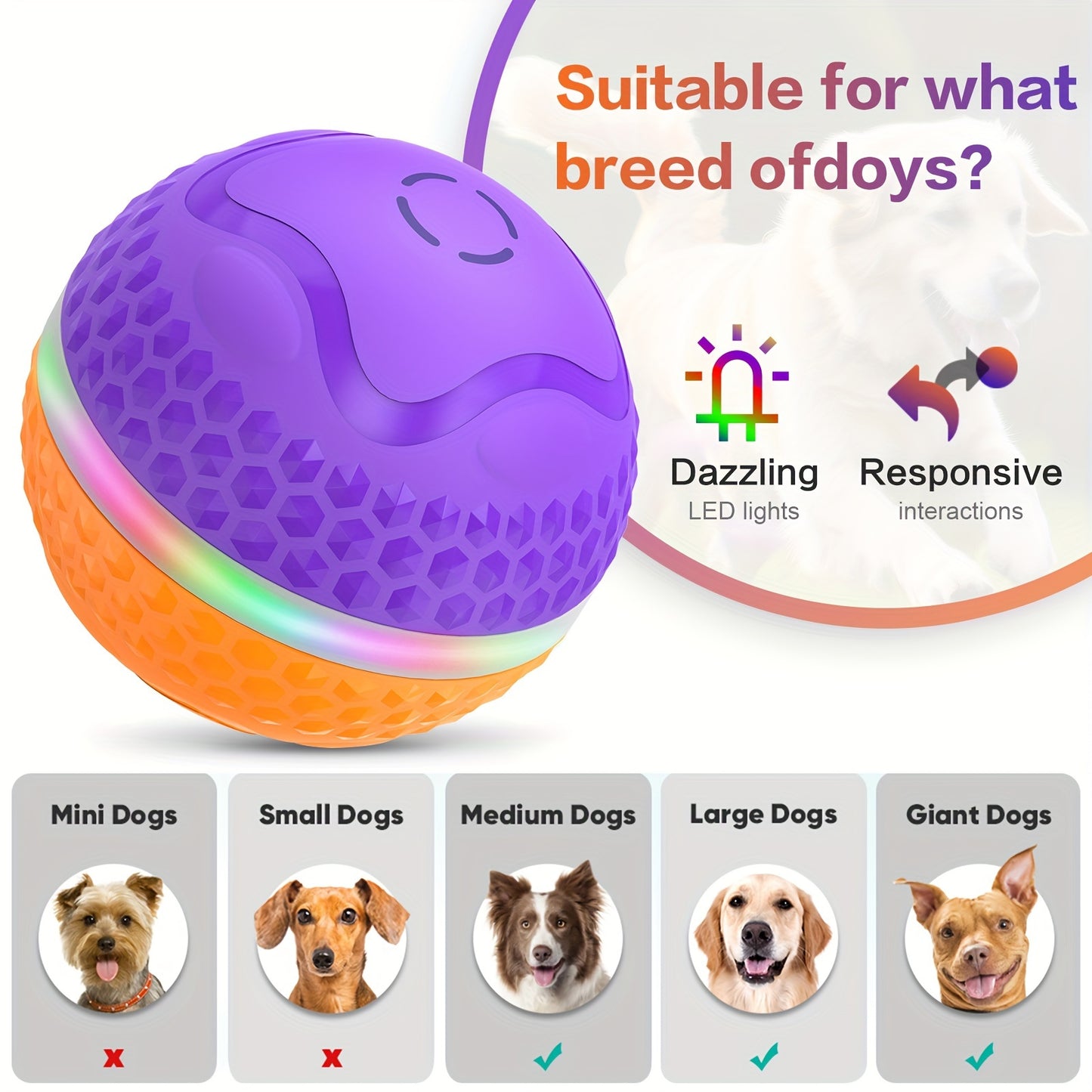 Medium/Large Dogs Automatic Rolling Ball Toy, Lively Pet Ball with LED Flash, USB Rechargeable, Activated Automatic Motion