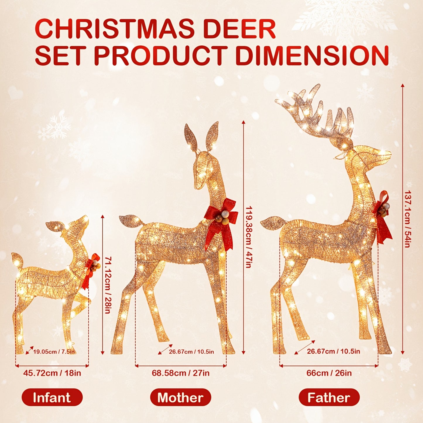 3-Piece Large Pre-lit Lixada Christmas Deer Family Set for Indoor Outdoor Front Yard Porch Holiday Decoration