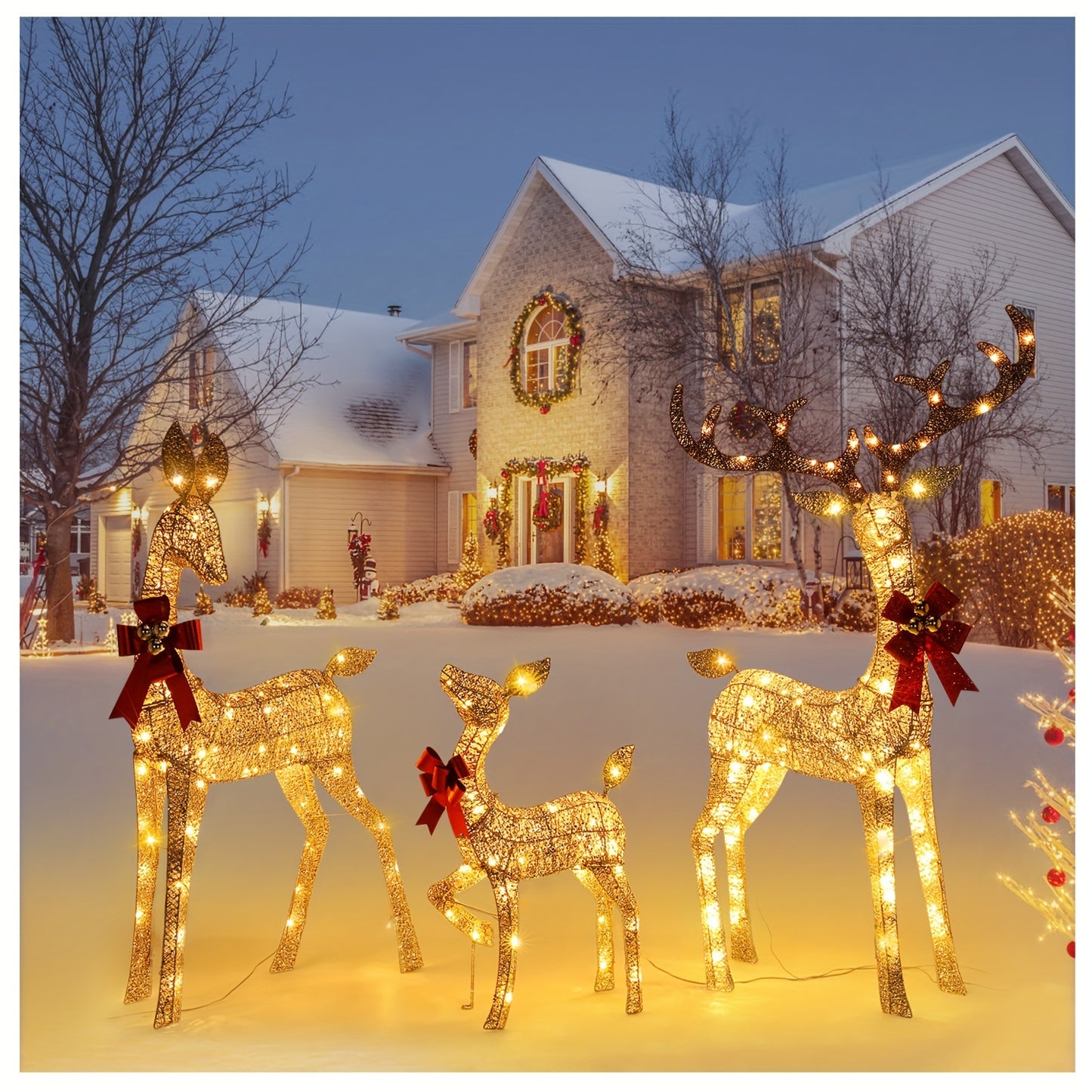 3-Piece Large Pre-lit Lixada Christmas Deer Family Set for Indoor Outdoor Front Yard Porch Holiday Decoration