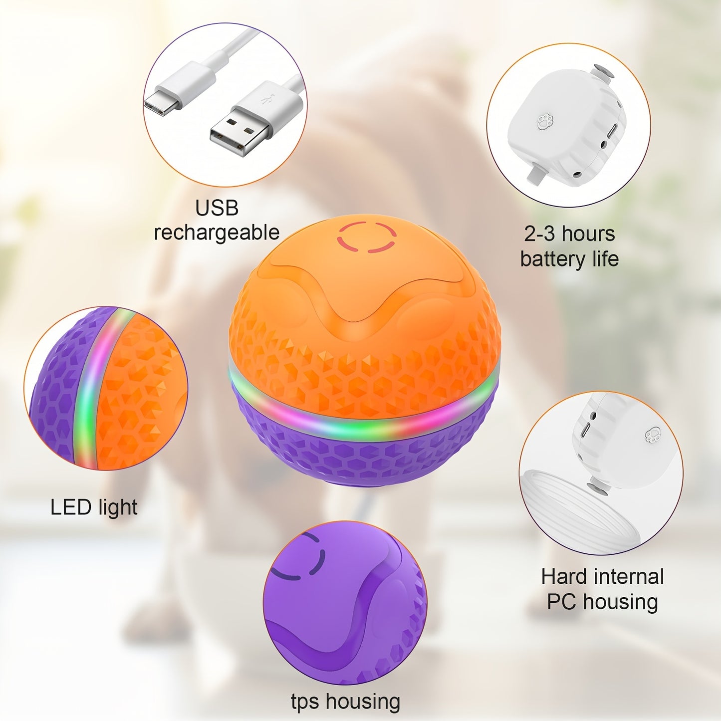 Medium/Large Dogs Automatic Rolling Ball Toy, Lively Pet Ball with LED Flash, USB Rechargeable, Activated Automatic Motion