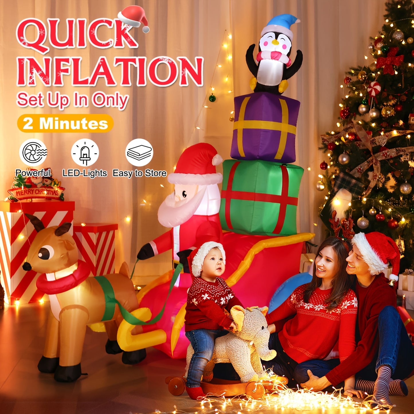 7.7FT Giant Inflatable Christmas Tree with Built-in LED Lights, Outdoor Decoration Featuring Inflatable Santa Claus Climbing Tree Chased By Dog and 3 Wrapped Gift Boxes