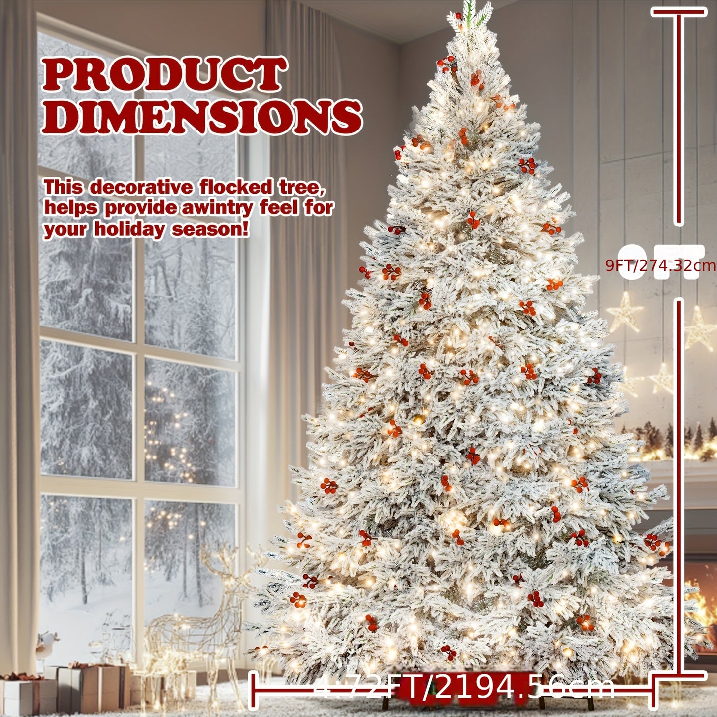 900 Warm-White LED Lights 9FT Pre-lit Artificial Snow Flocked Christmas Tree, 1500 PE & PVC Mixed Branch Tips, 100 Red Berries, 8 Color Modes, Foldable Metal Stand Easy Assembly