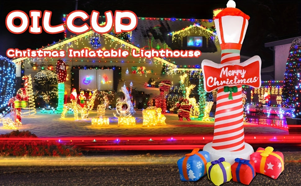 8.1FT LED Christmas Inflatable Lighthouse with Gift Boxs, Blow Up Yard Decorations for Holiday Party Outdoor Garden Yard Lawn Decor