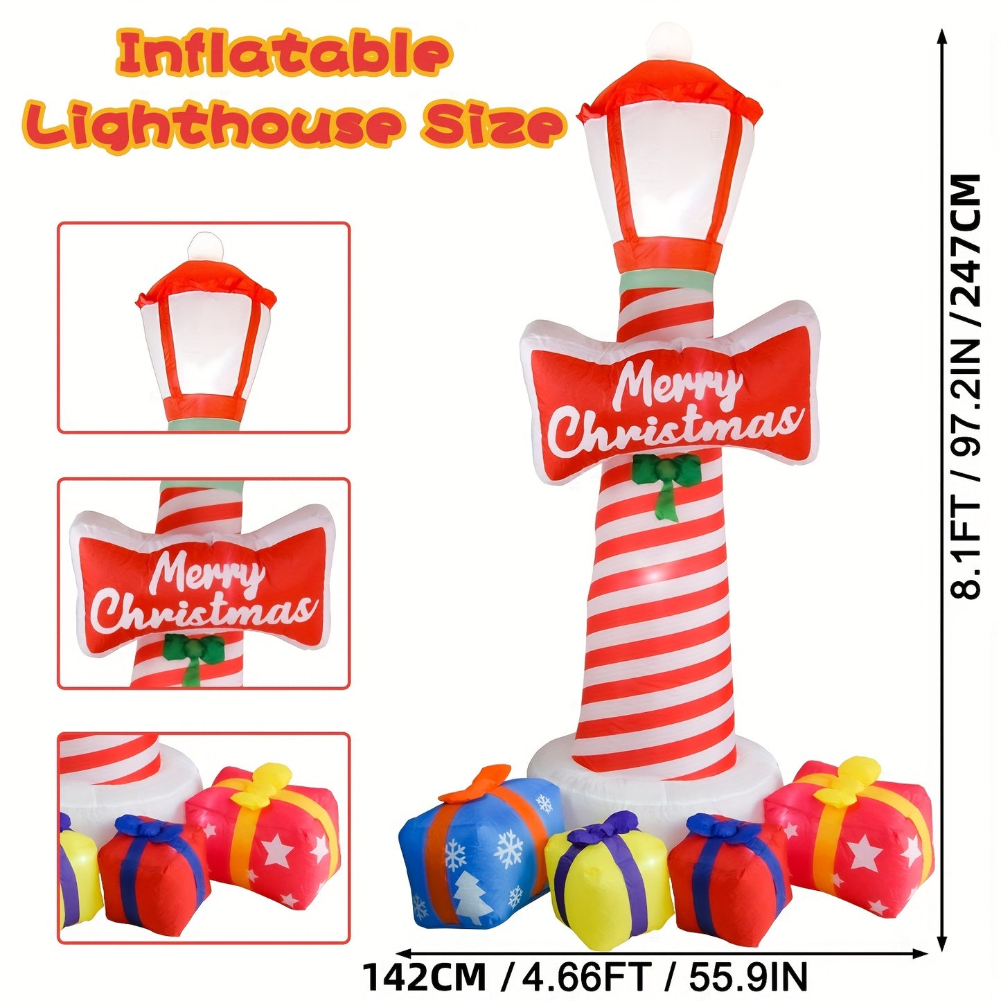 8.1FT LED Christmas Inflatable Lighthouse with Gift Boxs, Blow Up Yard Decorations for Holiday Party Outdoor Garden Yard Lawn Decor